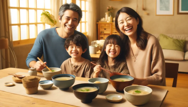 家族で味噌汁を飲んでいる